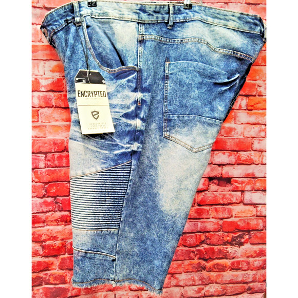 Encrypted Shorts Mens 42 Blue Denim Stretch Raw Hem Mineral Wash Casual Preppy - Picture 7 of 7
